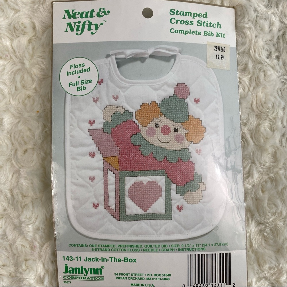 Janlynn Stamped Cross Stitch Bib kit Jack in the box
